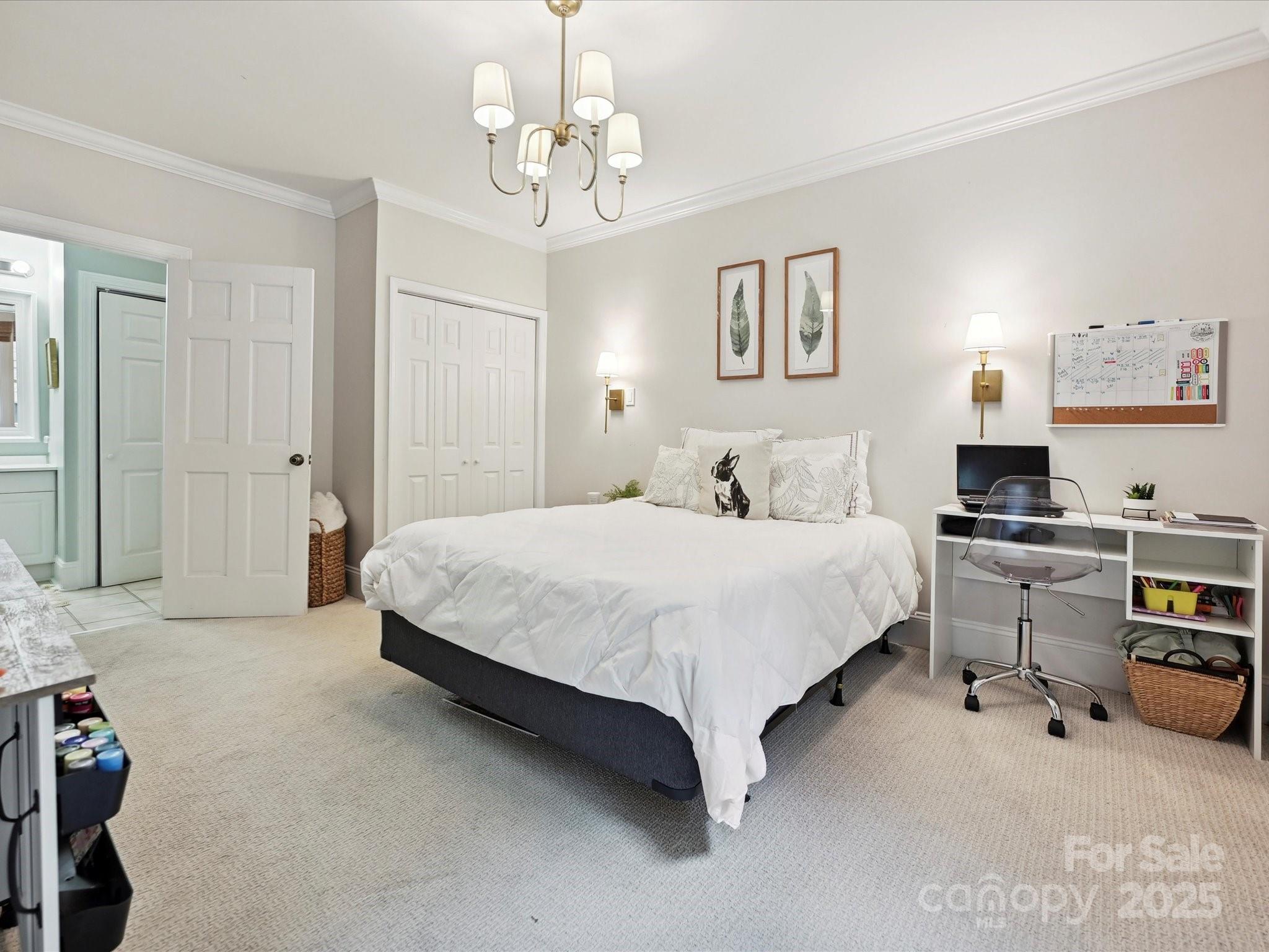 3610 Mill Pond Road Charlotte, NC 28226 - Photo 25 of 35 a spacious bedroom with a bed and a chandelier