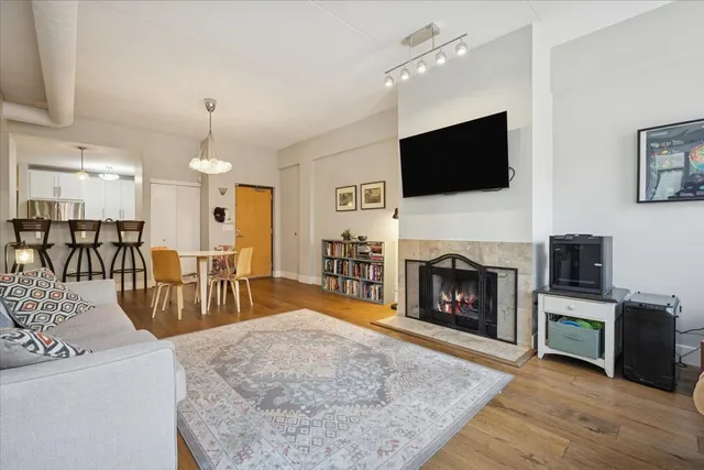 a living room with furniture a flat screen tv and a fireplace