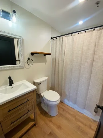 a bathroom with a sink toilet and mirror