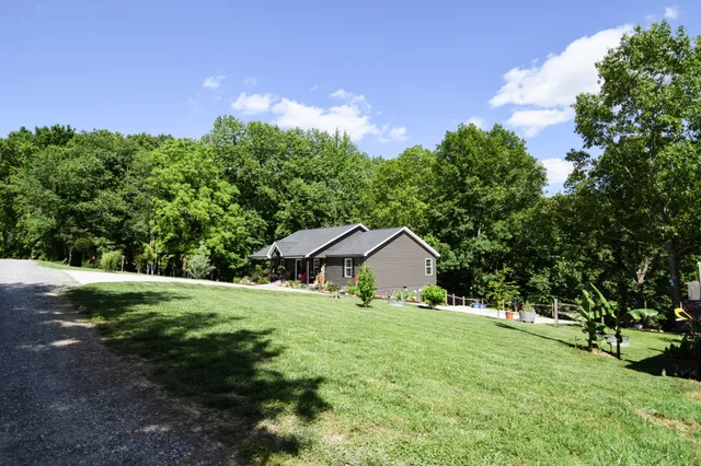 a aerial view of a house with yard and green space