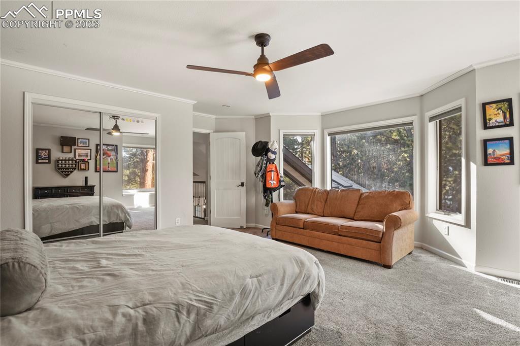 450 Jack Boot Road Monument, CO 80132 - Photo 30 of 45 a bedroom with a bed mirror and a large window