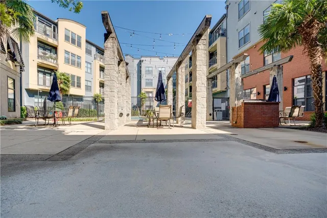 a view of a building with a street