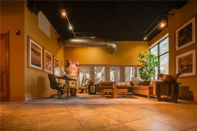 a view of a garage with chairs