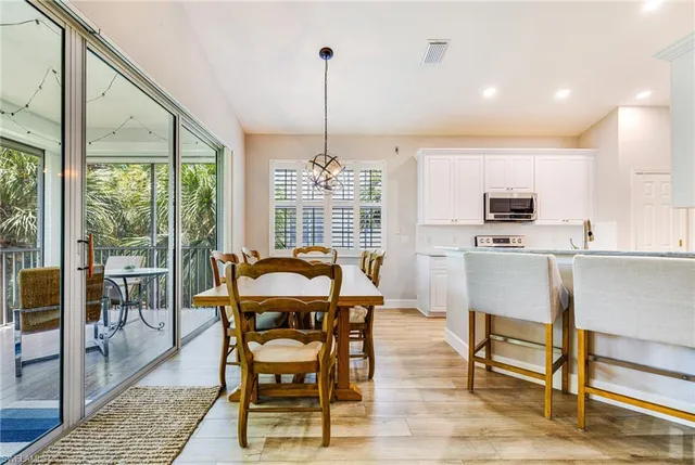 a view of a dining room with furniture window and outside view