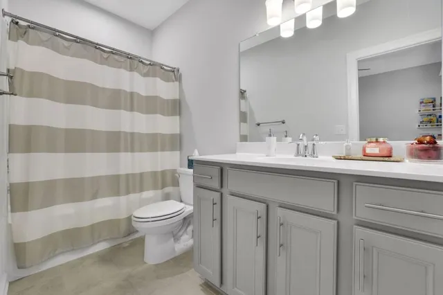 a bathroom with a sink a toilet a mirror and shower curtain