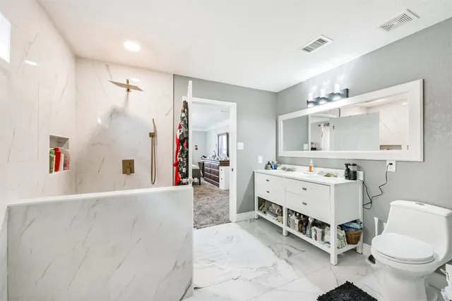 a bathroom with a sink a toilet and a mirror