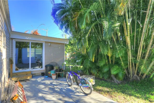 a view of a backyard with plants and a patio