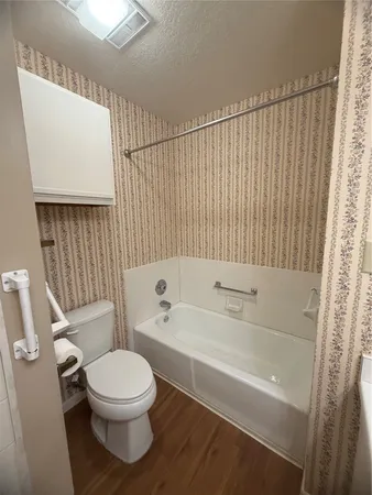 a bathroom with a toilet and a bathtub