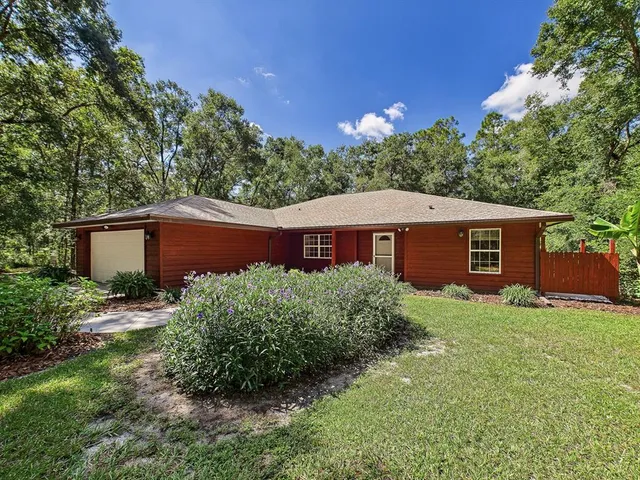 a view of a house with a yard plants and large tree