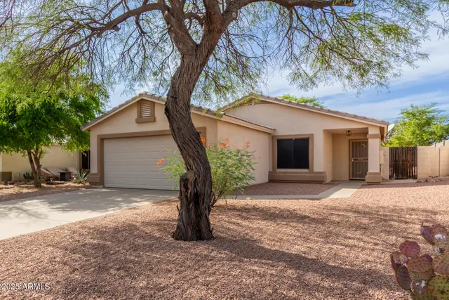 a view of a house with a tree in front of it