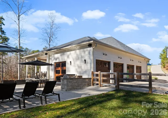 a view of a park with large trees