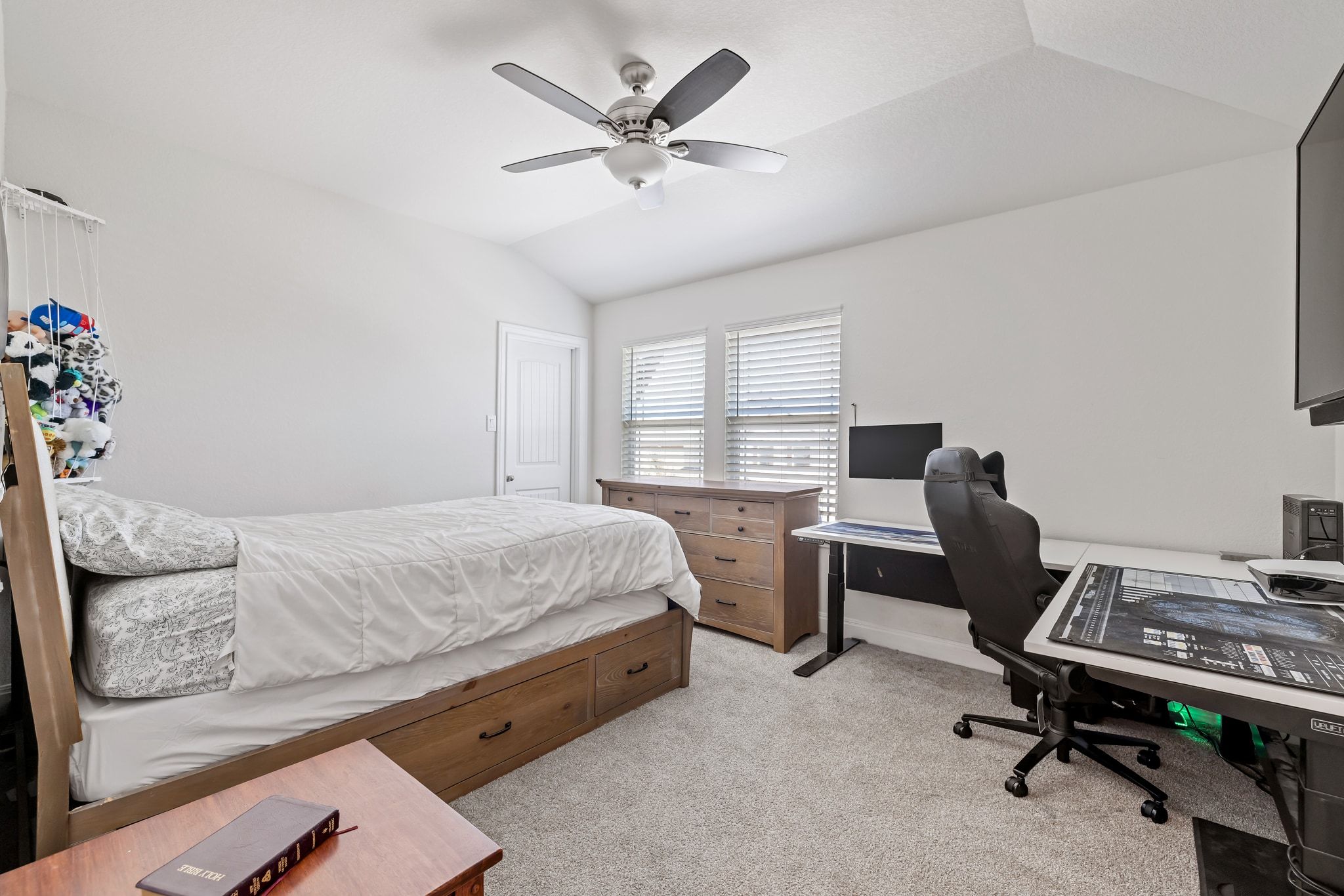 1022 Toltec Trail Georgetown, TX 78626 - Photo 25 of 37 Bedroom featuring light carpet, lofted ceiling, ceiling fan, and an office area