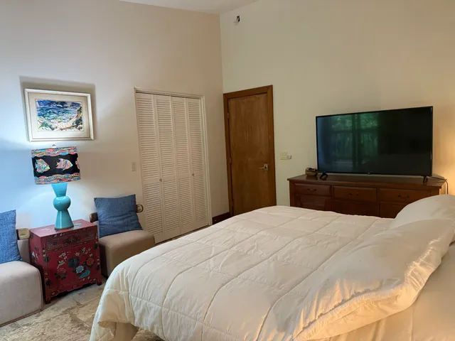 a bedroom with a bed a couch and a flat screen tv