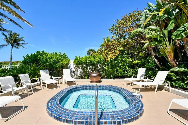 a view of swimming pool with lawn chairs potted plants and palm tree