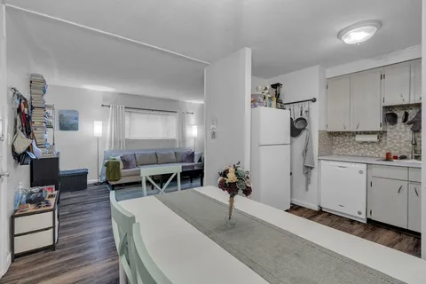 a living room with furniture a wooden floor and a sink