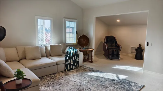 a living room with furniture a rug and potted plant