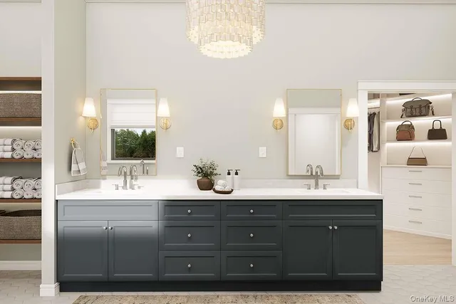a bathroom with a double vanity sink and mirror