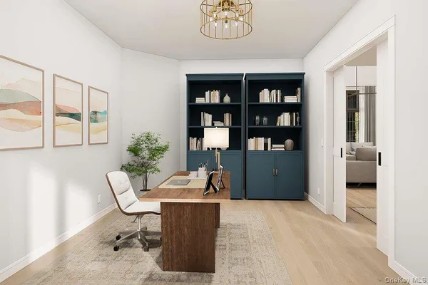 a workspace with a bookshelf