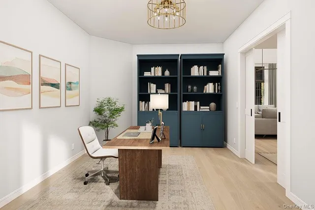 a workspace with a bookshelf