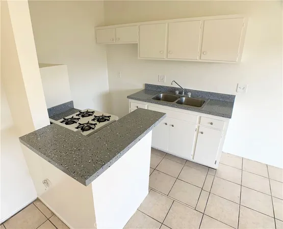 a kitchen with a sink a stove and cabinets