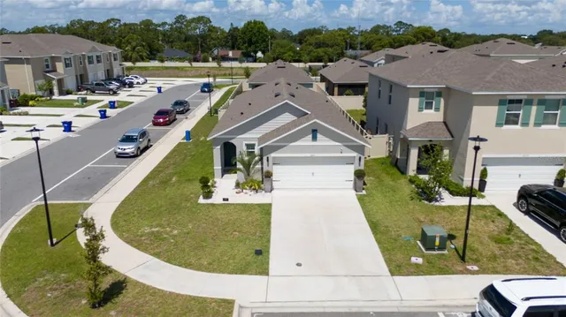 an aerial view of a house with swimming pool