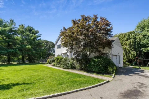 a view of a backyard with large trees