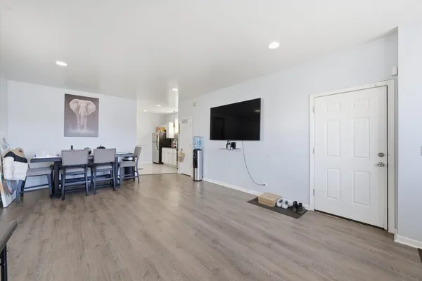 a view of a backyard with a bench