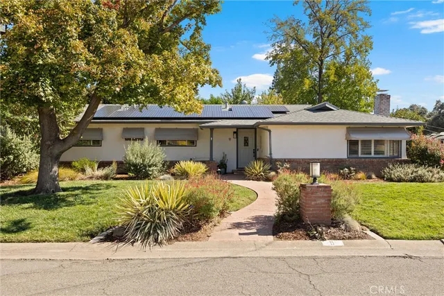front view of a house with a patio