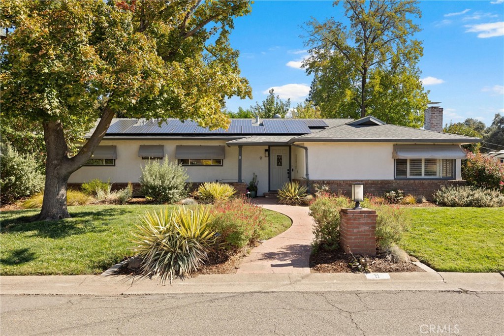 front view of a house with a patio