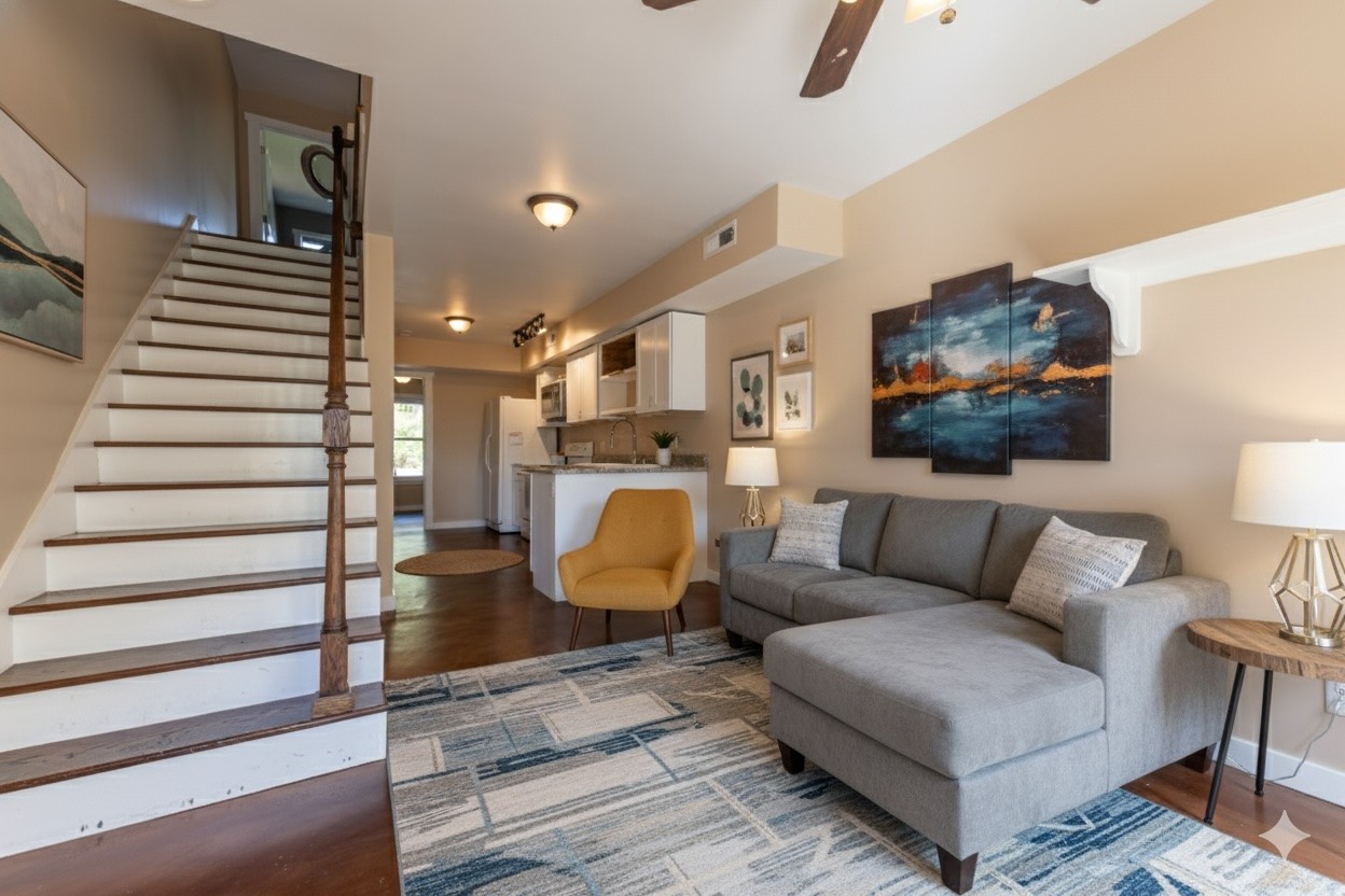 a living room with furniture and wooden floor