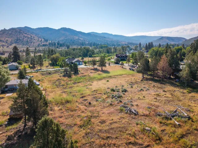 a view of a town with mountains in the background