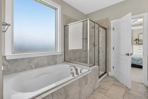 a bathroom with a bathtub and a shower