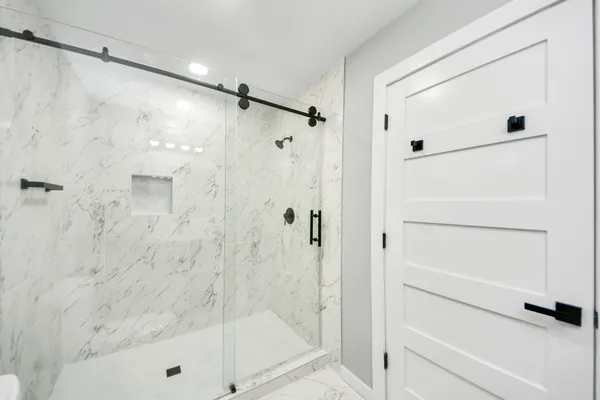 a bathroom with a bathtub