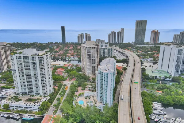 a city view with tall buildings