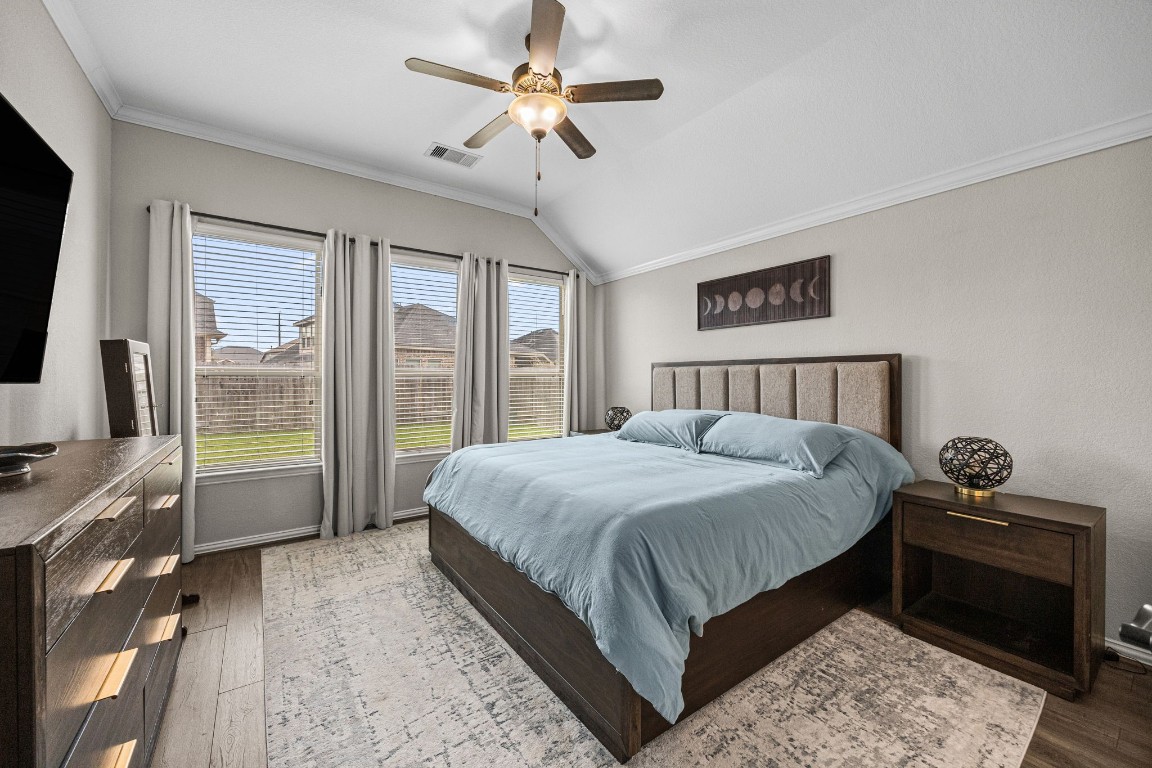 31521 Timber Grove Lane Spring, TX 77386 - Photo 15 of 30 Primary Bedroom with a vaulted ceiling, crown molding, a ceiling fan and views of the backyard