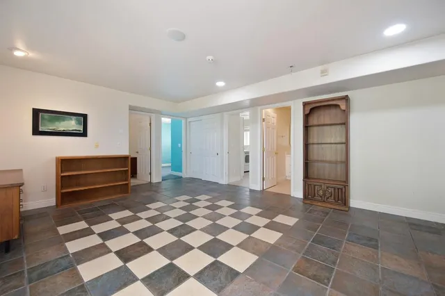 a view of a yard with plants and trees