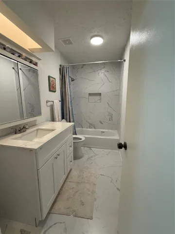 a bathroom with a granite countertop sink a toilet and shower
