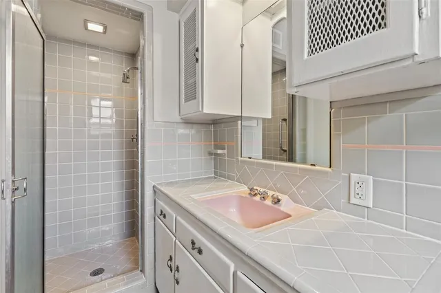 a bathroom with a sink and a shower