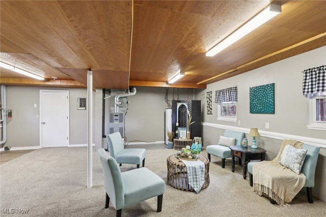 6370 Trumbull Road Geneva, OH 44041 - Photo 14 of 50 Living area featuring carpet floors and wooden ceiling