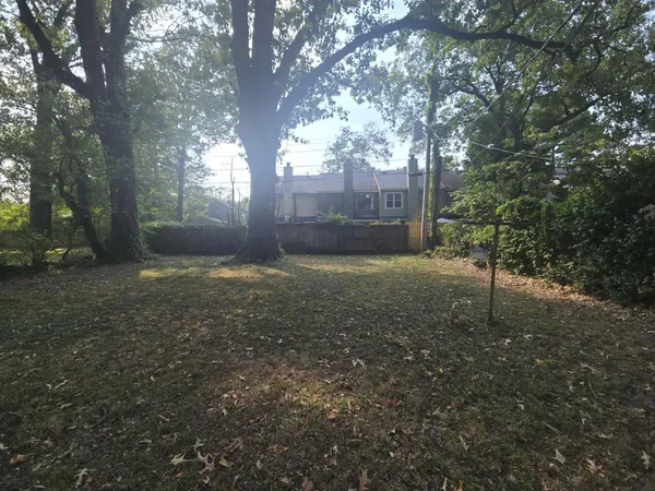 a view of a backyard with large trees