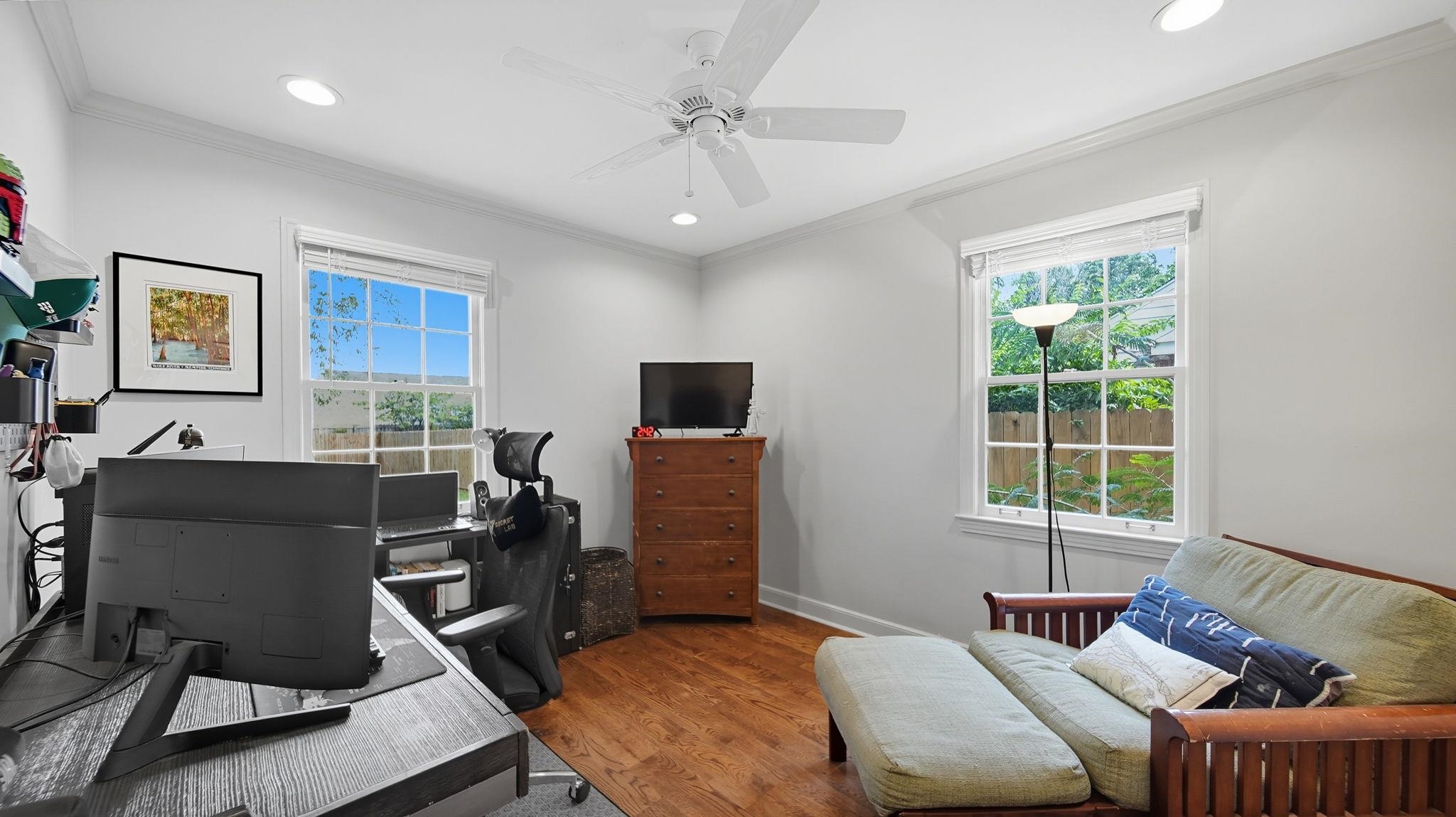 678 Moss Road Memphis, TN 38117 - Photo 11 of 33 Office space with ornamental molding, wood finished floors, plenty of natural light, recessed lighting, and a ceiling fan