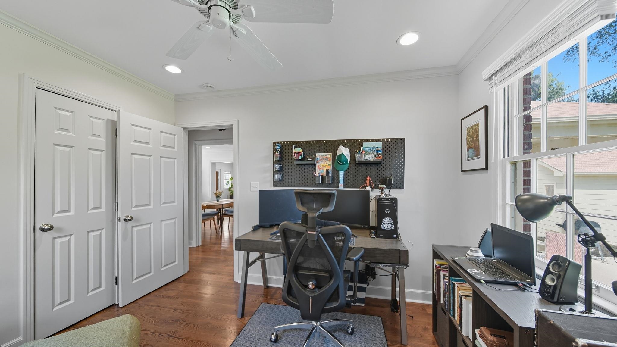 678 Moss Road Memphis, TN 38117 - Photo 29 of 33 Office space with ornamental molding, dark wood finished floors, recessed lighting, and ceiling fan