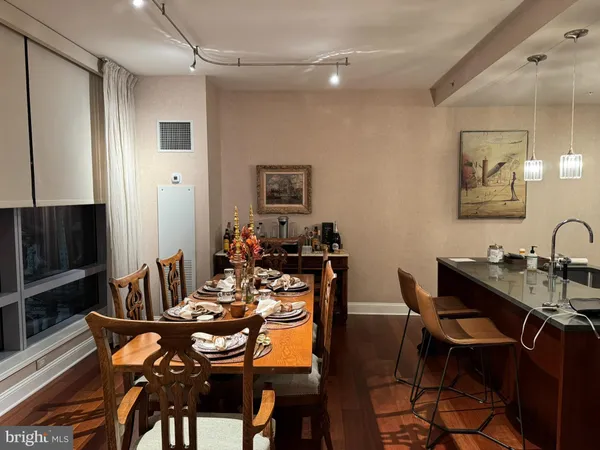 a view of a dining room with furniture