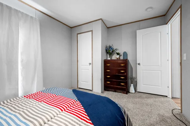 a bedroom with a bed and a dresser