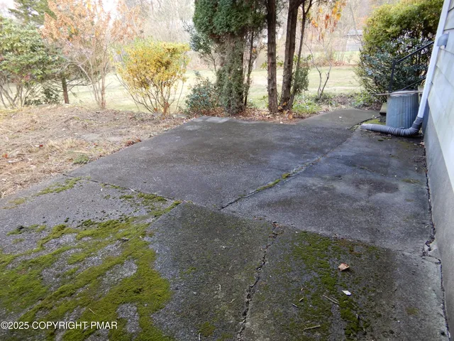 a view of a field with trees in the background
