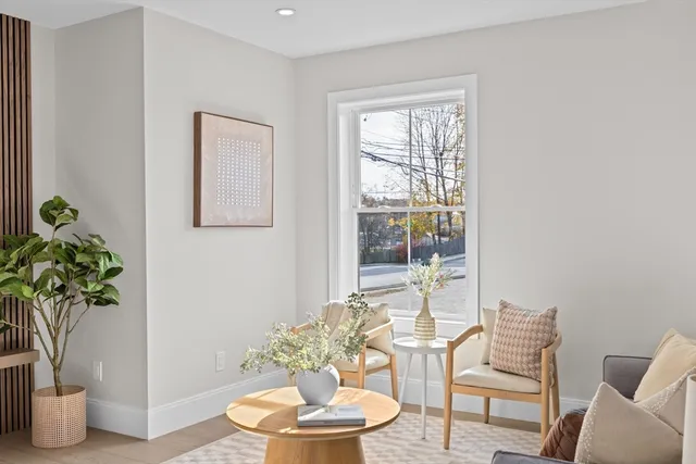 a living room with furniture and a potted plant