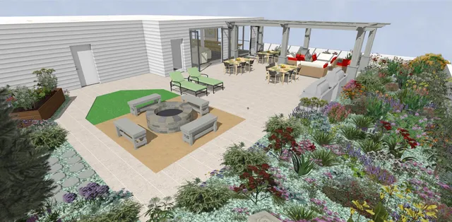 a view of a patio with chairs and table