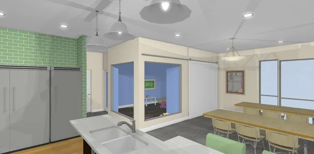 a living room with furniture kitchen view and a chandelier