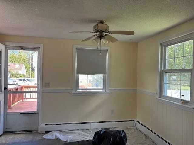 a view of a room with a window