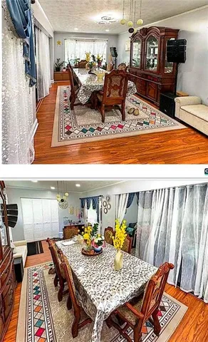 a view of a dining room with furniture